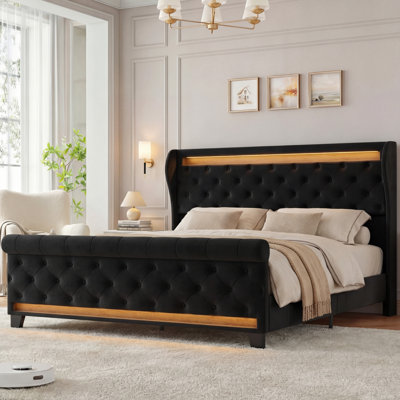 Tufted Velvet Platform Wingback Bed With Light