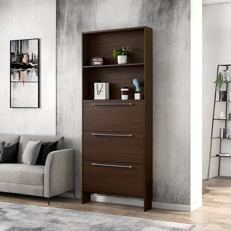 Shoe Cabinet With 3 Flip Drawers,Narrow Shoe Rack Cabinet, Entryway Shoe Storage Cabinet With Open Shelves, Freestanding Hidden Shoe Rack Organizer With Solid Wood Legs For Hallway, Living Room