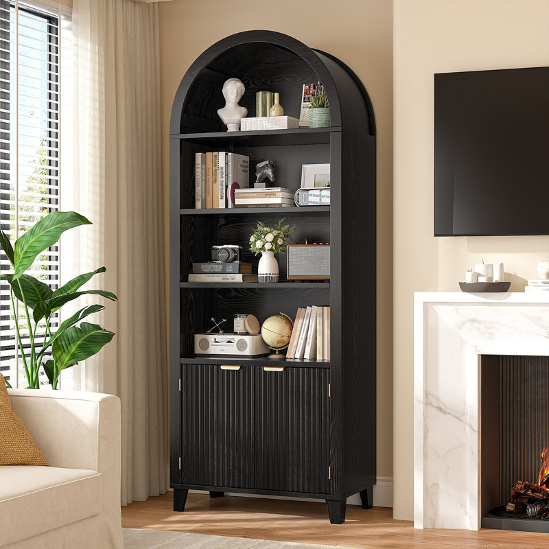 Storage Bookcase/arched Cabinet With Fluted Doors & Adjustable Shelves – Entryway, Living Room, Black