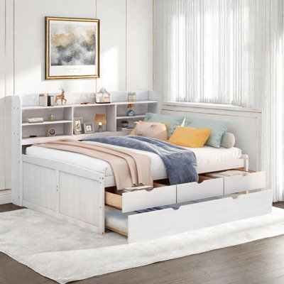 Wooden Captain Bed With Built-in Bookshelves, Three Storage Drawers And Trundle
