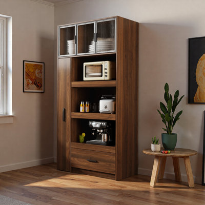 70.87" Freestanding Kitchen Pantry Cabinet With Pull-out Shelves, Glass Door Storage Hutch With Microwave Stand, For Dining Room & Kitchen