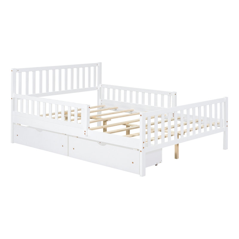 Lit plateforme en bois avec garde-corps des deux côtés et deux tiroirs de rangement, Lit double, Blanc