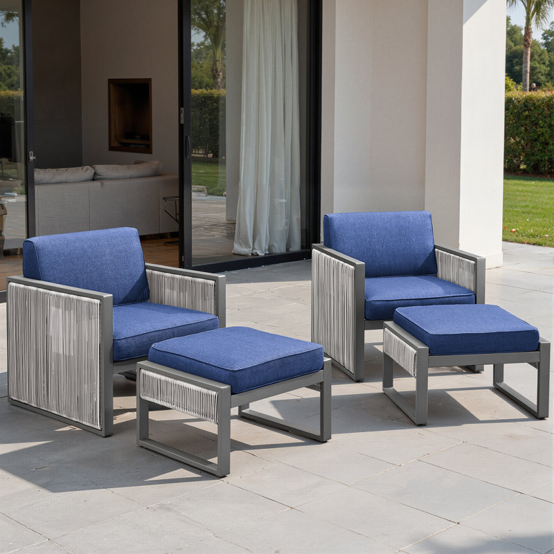 Chaises longues d'extérieur avec repose-pieds et coussins Trinie, Bleu
