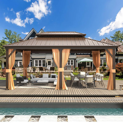 Outdoor Hardtop Gazebo with Aluminum Frame & Double Galvanized Steel Roof, Heavy Duty Permanent Pavilion with Netting & Curtains for Patio, Lawn, Deck
