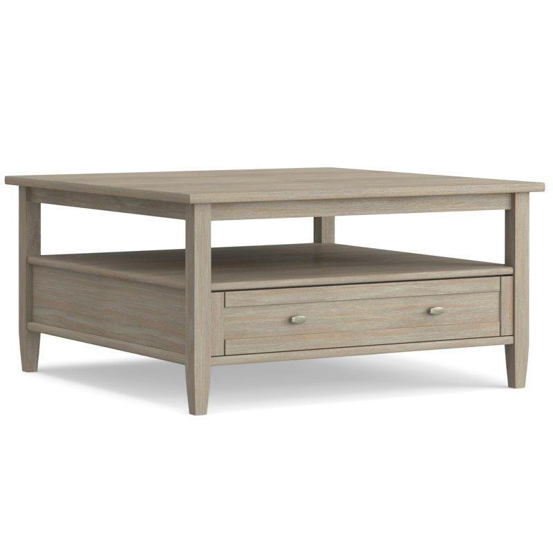 Warm Shaker 36"W Solid Wood Transitional Square Coffee Table with Large Storage Drawer and Open Shelf, Distressed Gray