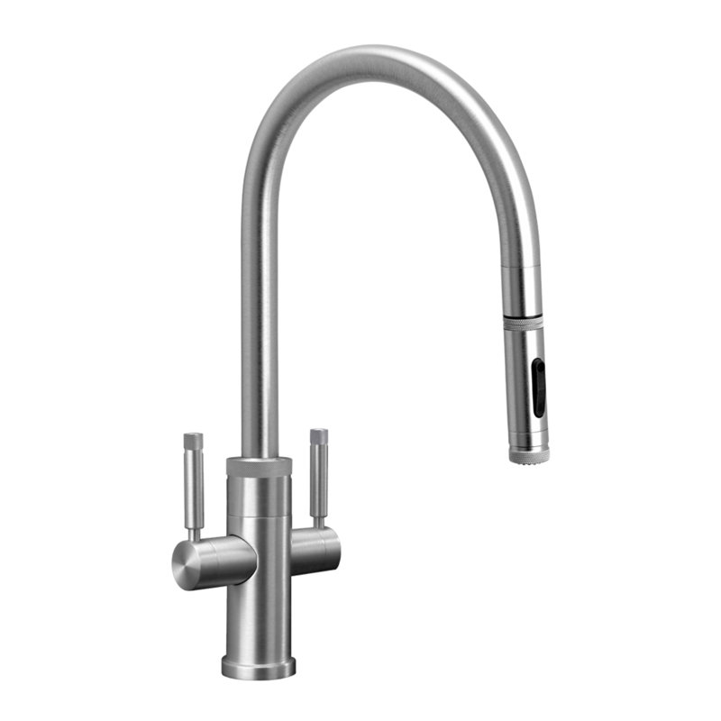 Industrial 2 Handle Pull-Down Kitchen Faucet, Toggle Sprayer, Satin Nickel