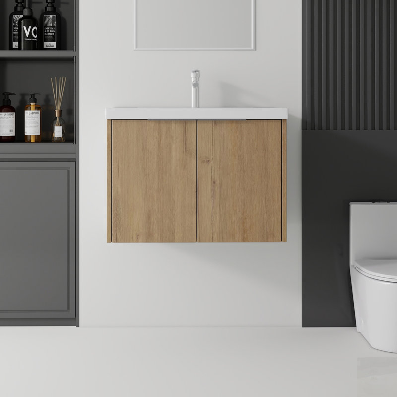Floating Bathroom Vanity with Soft-Close Door, Ceramic Sink, and Durable Plywood Construction, Chêne clair, 30"