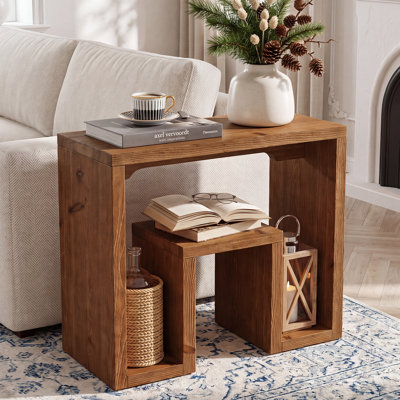 Solid Fir Wood End Table, U-Shaped Farmhouse Side Table