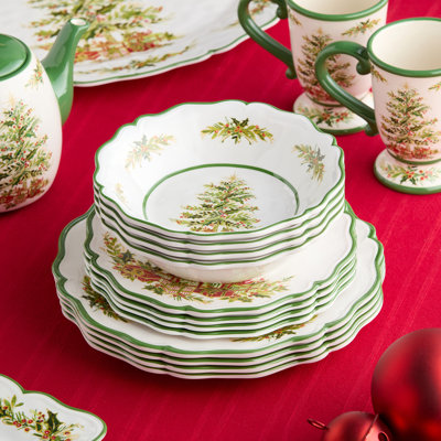 Holly Tree Holiday 12pc  Dinnerware Set – Festive Melamine Plates and Bowls for Christmas Entertaining, Indoor/Outdoor Use, Break-Resistant, and Dishwasher Safe