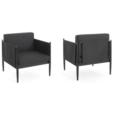 2 fauteuils club en aluminium noir pour l'extérieur - Lignes épurées, lignes épurées, coussins en tissu respirant et peau, mousse de 28,03 po de largeur