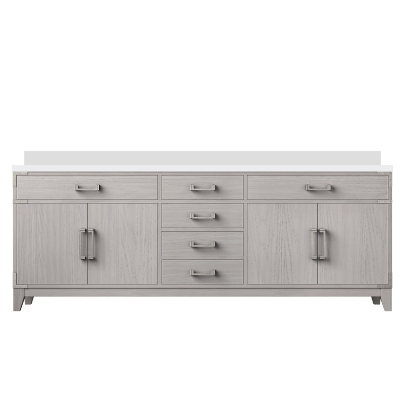 Plateau de meuble-lavabo double l 84 po x P 22 po Laurel, Chêne blanc, Marbre de culture blanc