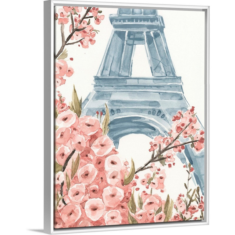 «Paris Cherry Blossoms I», reproduction d'art sur toile, Cadre flottant blanc, H 25,7 po x l 19,7 po x P 1,75 po