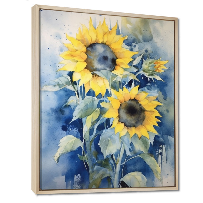 Jaune, bleu, tournesol doré, impression sur toile florale, H 40 po x l 30 po x P 1,5 po, Cadre flottant en érable