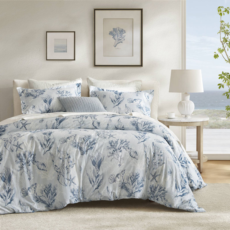 Ensemble de housse de couette 100% satin de coton Botanical, Housse de couette très grand et 2 très grandes t, Marine