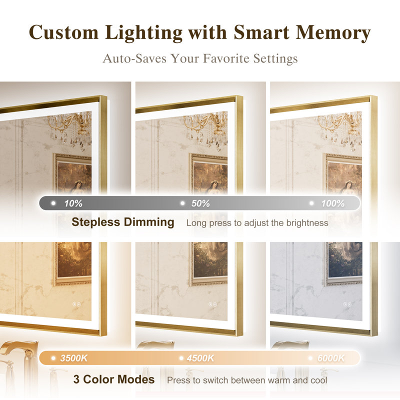 LED Bathroom Vanity Mirror, Anti-Fog Aluminum Frame Beveled Wall Mirror for Over Sink, Tempered Glass Backlit Mirror for Bathroom
