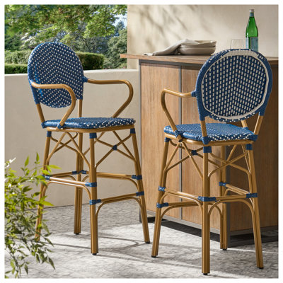 Ensemble de 2 tabourets de bar d'extérieur en osier et aluminium 29,5 po, bleu marine avec finition en bambou