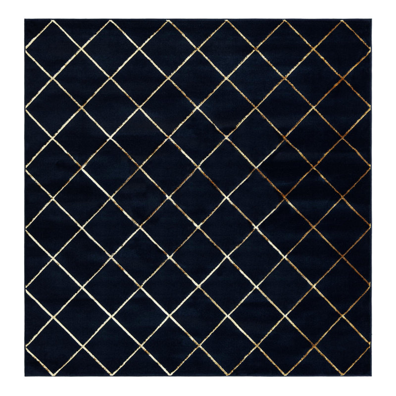 Latitude Run® Checks Nikica Rug Navy Blue and Gold, Square 7'10"