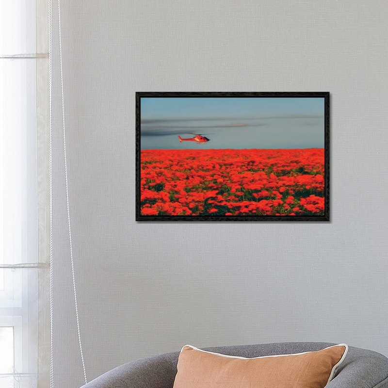 A Red Helicopter Flies Over A Poppy Field In Bloom 1 Piece Wall Art on Canvas, 66.04 cm H x 45.72 cm W, Black Floater Framed