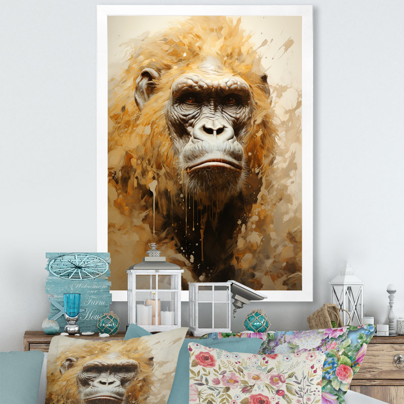 Portrait de gorille beige I sur toile, Cadre simple blanc, H 20 po x l 12 po x P 1 po