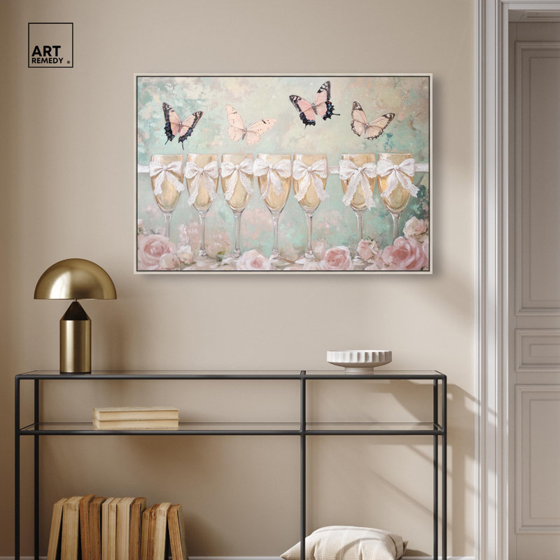 «Champagne Mint and Pink Glass Collection», art mural sur toile , H 25 po x l 37 po, Encadrement argenté