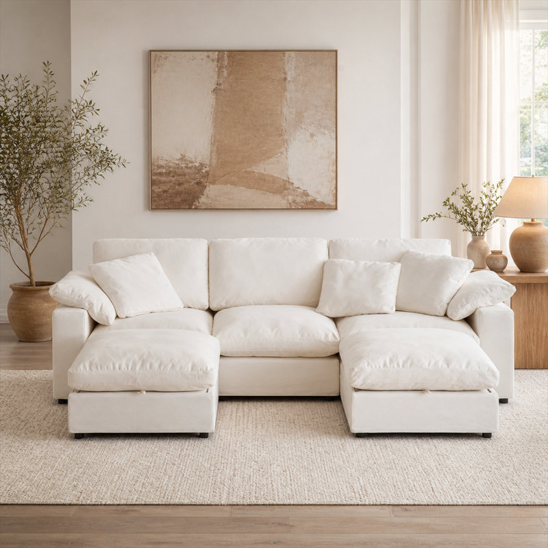 Canapé d'angle modulaire Cloud Couch, confort optimal. Sans compression sous vide. Garnissage en duvet et coton. Housses lavables - 3 places avec 2 poufs, blanc cassé.
