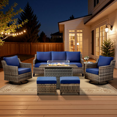 Arlene 5 Person Outdoor Wicker Sofa Conversation Set With Swivel Chairs, Fire Pit Table, Ottomans & Side Table