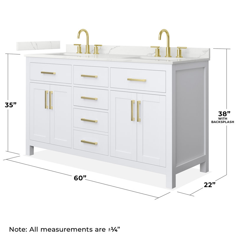 Beckett 60" Freestanding Double Bathroom Vanity with Quartz Top, Brushed Gold, White, Giotto Quartz
