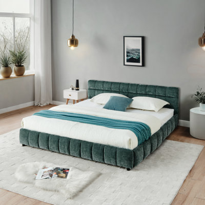 California King Upholstered Platform Bed with Headboard and Storage Drawer – Solid Frame, Blue Green