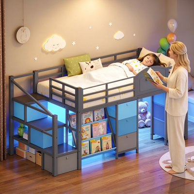 Lit mezzanine bas pour enfant (1 place) avec 9 tiroirs de rangement, bibliothèque et éclairage DEL, en métal, avec escalier et barrière de sécurité.