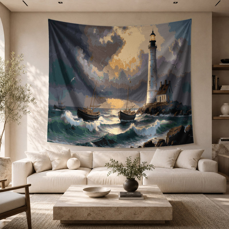 Tapisserie murale «Phares de la Transformation» avec bateaux, 68 po x 80 po