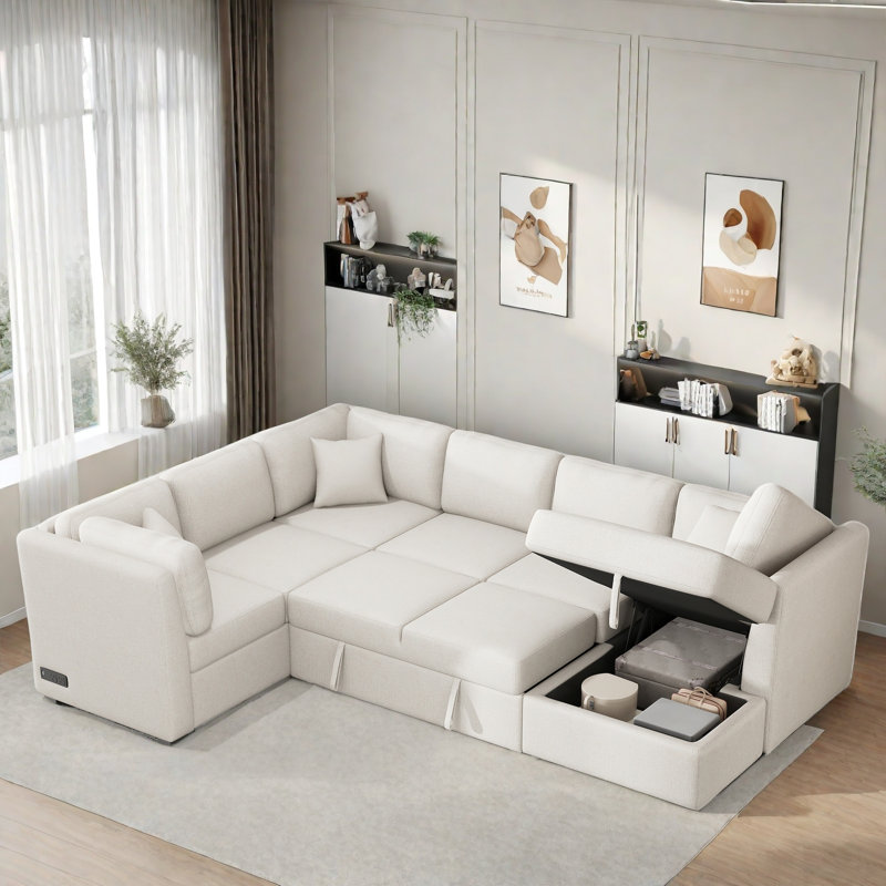 Canapé-lit modulaire en U escamotable avec deux ports USB, deux prises de courant, trois coussins de dossier et une chaise de rangement