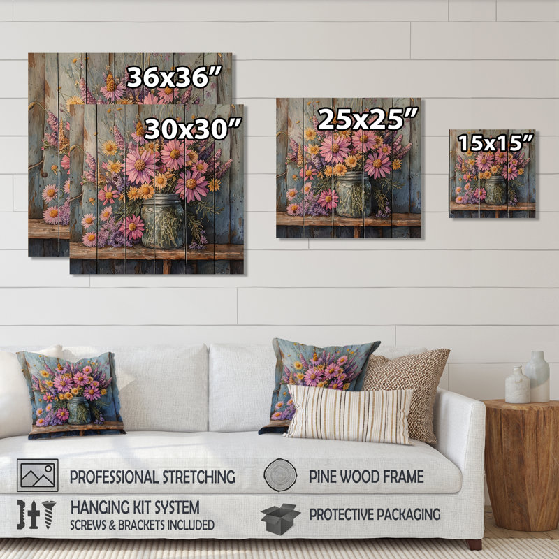 Garden Purple Daisies At The Farm III - Assorted Bouquets Wood Wall Decor - On Natural Pine Wood, 15" H x 15" W x 0.78" D