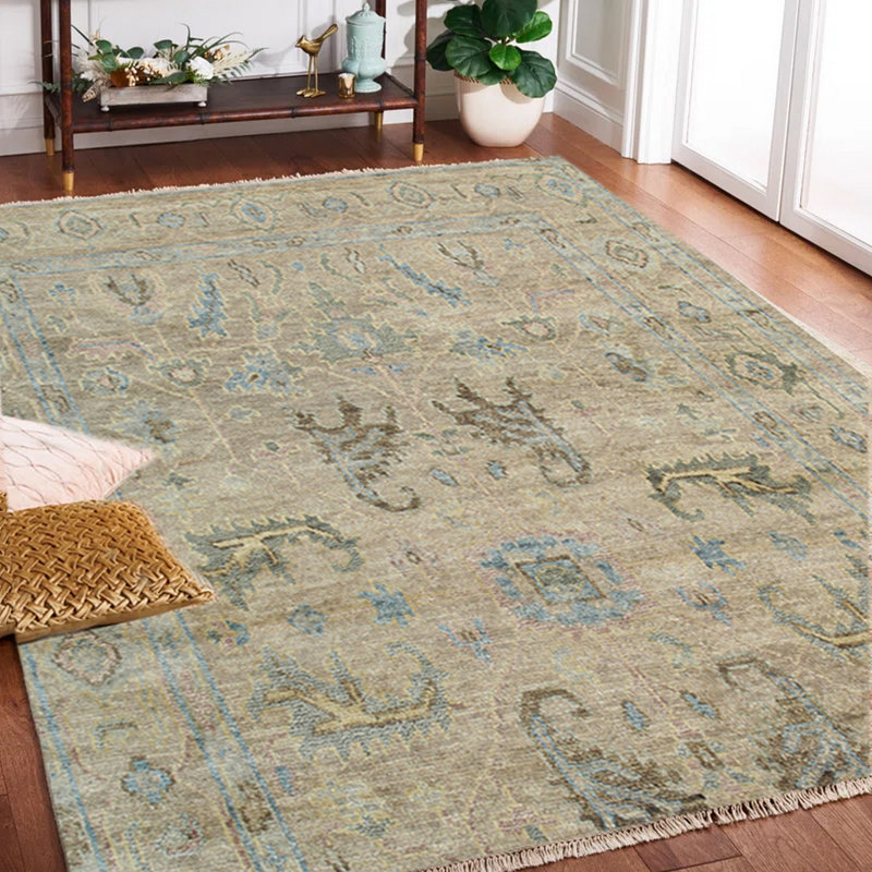 Elegant Hand Knotted Wool Brown and Blue Oushak Rug, 8' x 10'