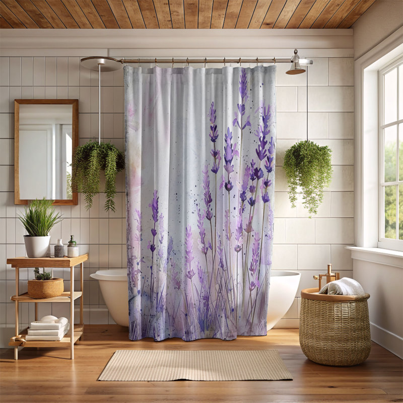 Rideau de douche standard 1 pièce Watercolor Lavender Landscape, H 74 po x l 71 po