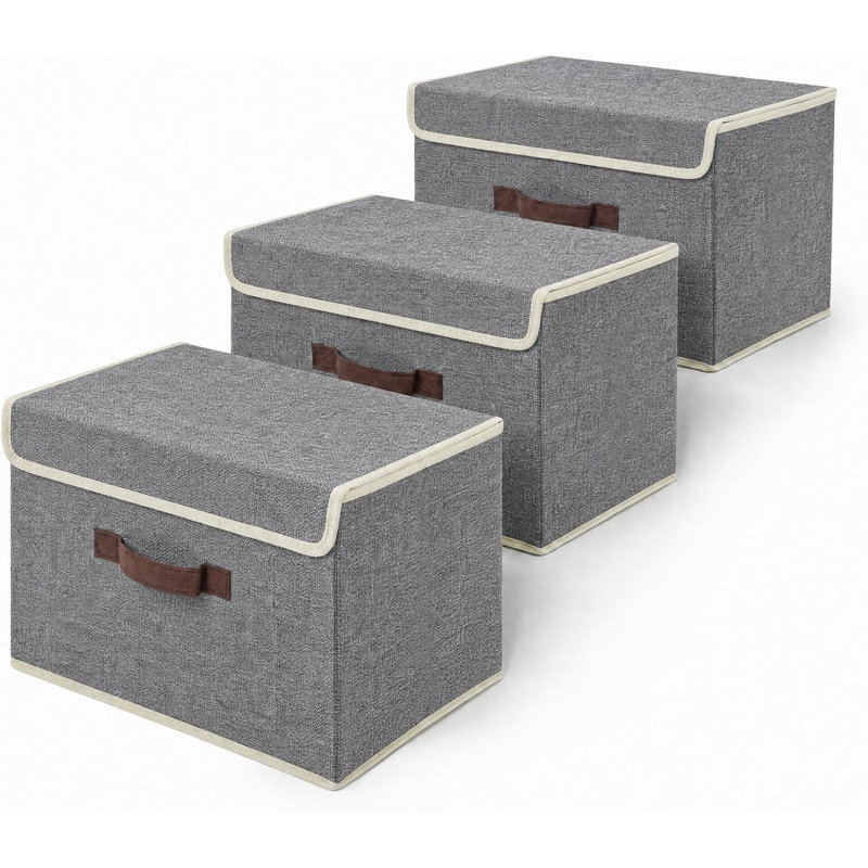Bacs de rangement pliables en non-tissé avec couvercles et poignées, paniers de rangement peu encombrants, Gris, Paquet de 3