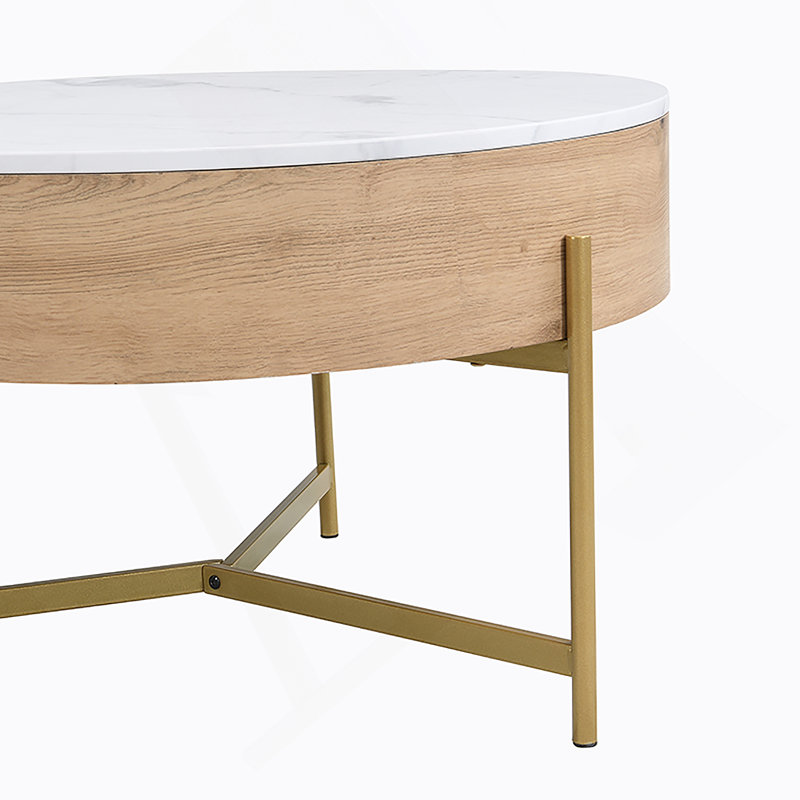 Table basse moderne à plateau relevable avec rangement et 3 repose-pieds blanc et naturel
