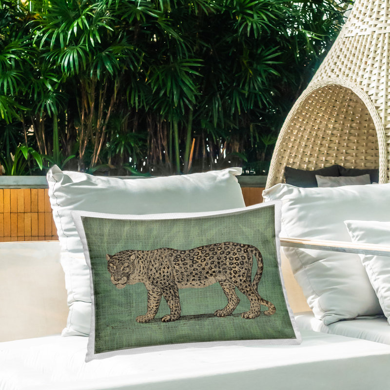 Fierce Leopard on Green Printed Outdoor Throw Pillow Design by June Erica Vess