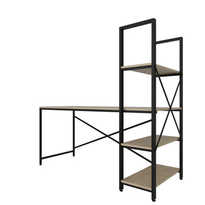 Modern Study Desk with Bookshelf, Oak & Black, 63.0 x 29.5 x 23.6 inches | 100% Melamine Coated Particle Board, Metal Frame, Multiple Shelves for Extra Storage, Ideal for Home Office & Study Spaces