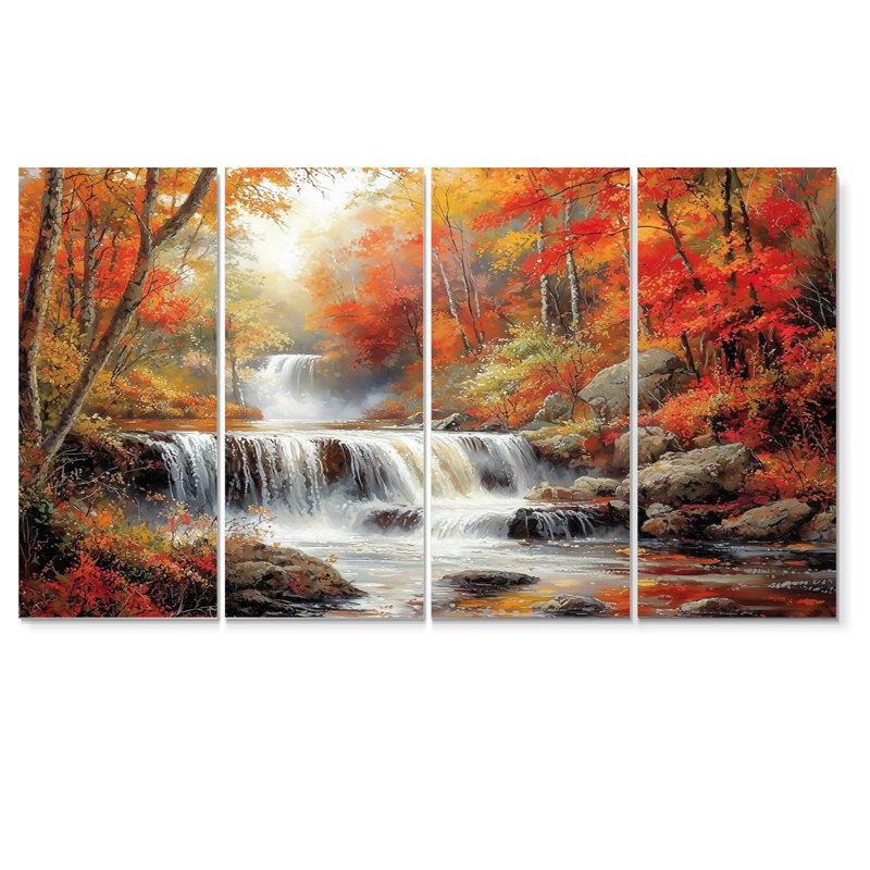 «Red Autumn Mountain Waterfall Long View II» - Ensemble de décoration murale cascade, H 32 po x l 64 po