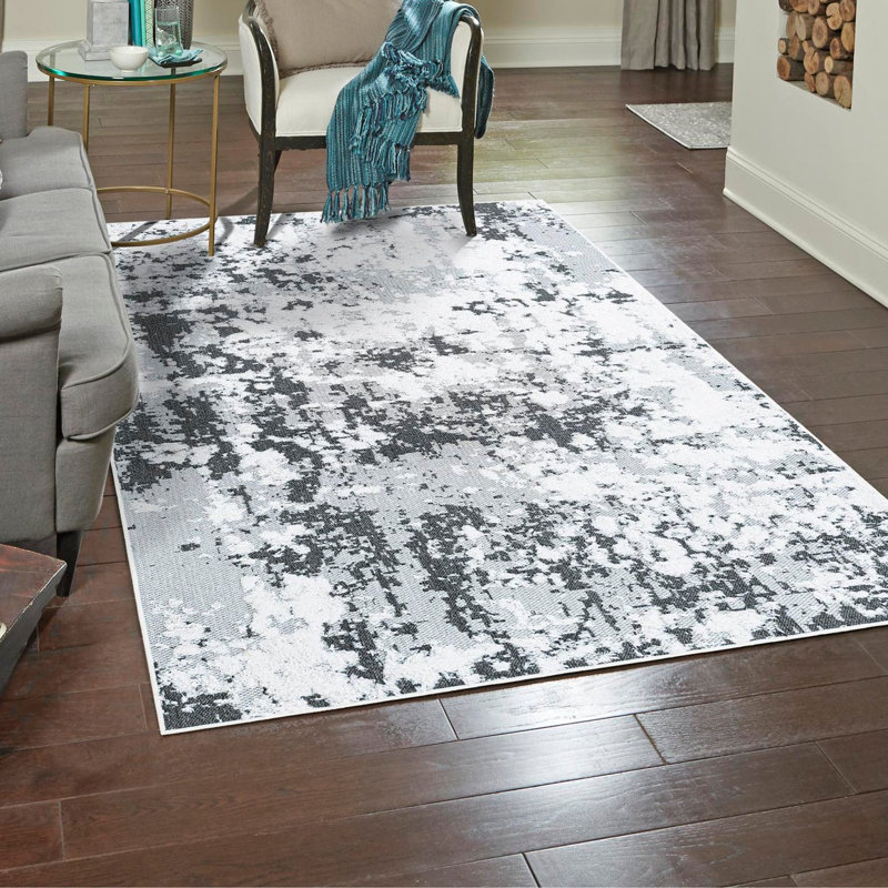 Tapis noir / blanc en coton tissé à la machine, Rectangle 9 pi 10 po x 12 pi