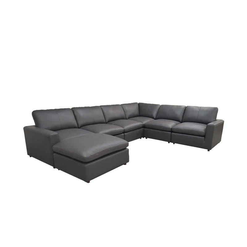 Rowith Top-Grain Leather Large Seating Modular Sectional, Blue Gray