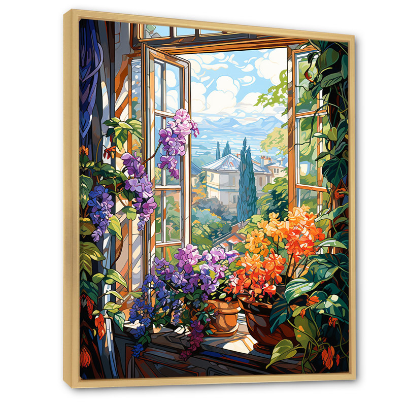 Fleur mauve, fenêtre, jardins III - art mural floral, Cadre flottant brun, H 32 po x l 16 po x P 1 po