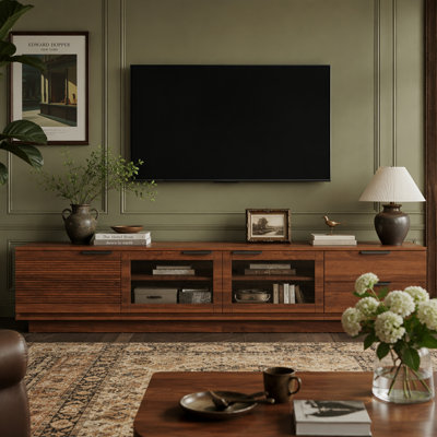 Modern TV Stand for TVs up to 85, Entertainment Center with Two Drawers  Cable Management, Soft-Closing Hinges and Glass Doors for Living Room