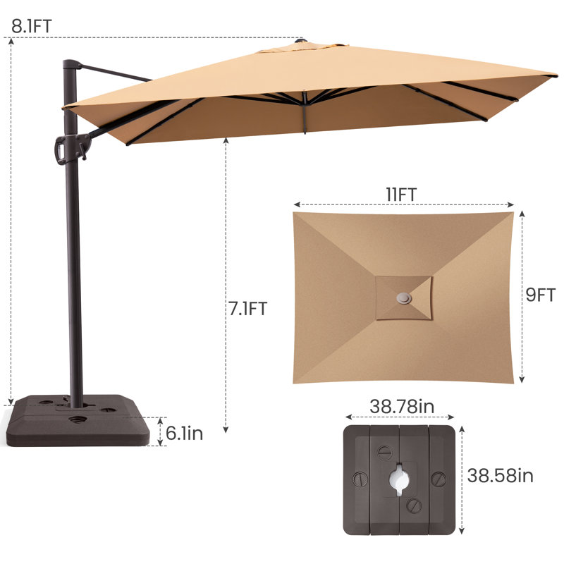 11' X 9' Rectangular Cantilever Umbrella, Base Included, Tanné