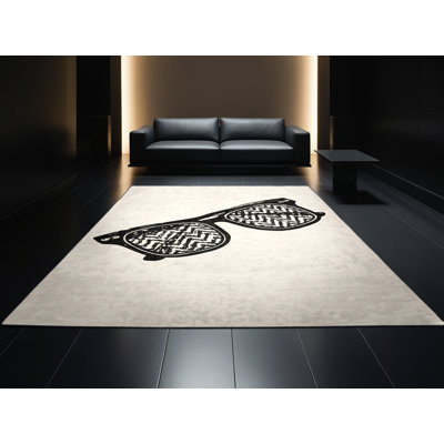 Machine Washable Osnat Three D Glasses Retro Chevron / Zig Zag Rug in Beige – Black Binding
