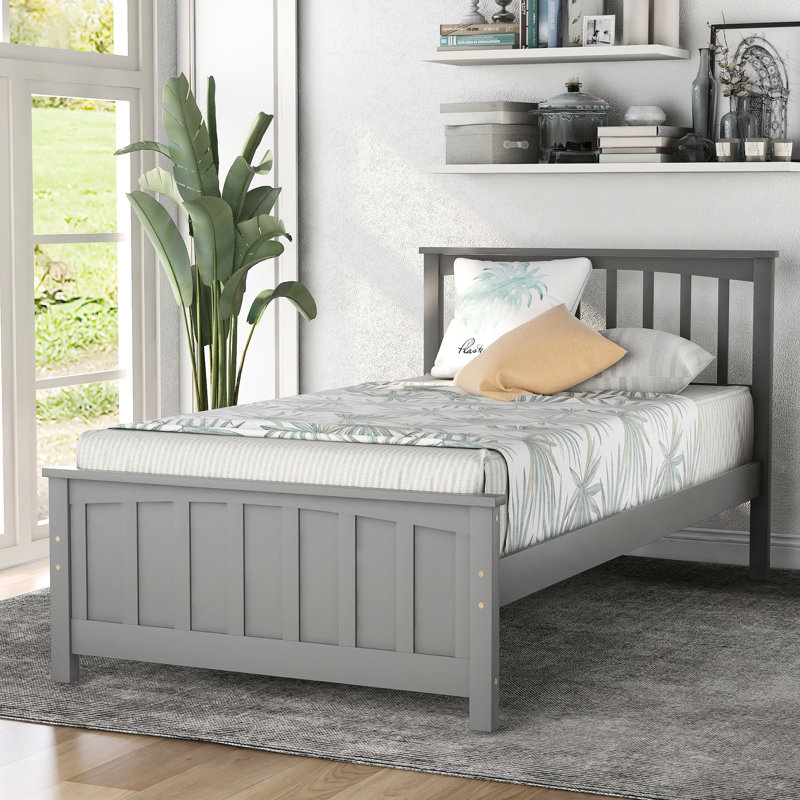 Élégant lit plateforme gris avec une tête de lit en gris, fabrication en bois