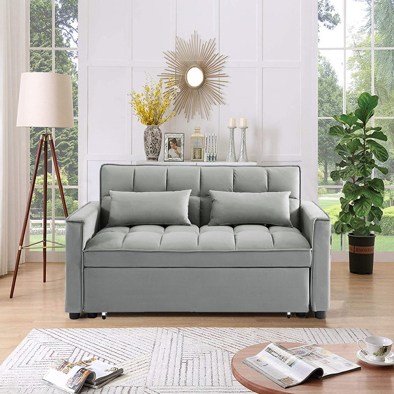 Causeuse convertible Jashlyn, Velours gris, H 31,5 po x l 55 po x P 35 po