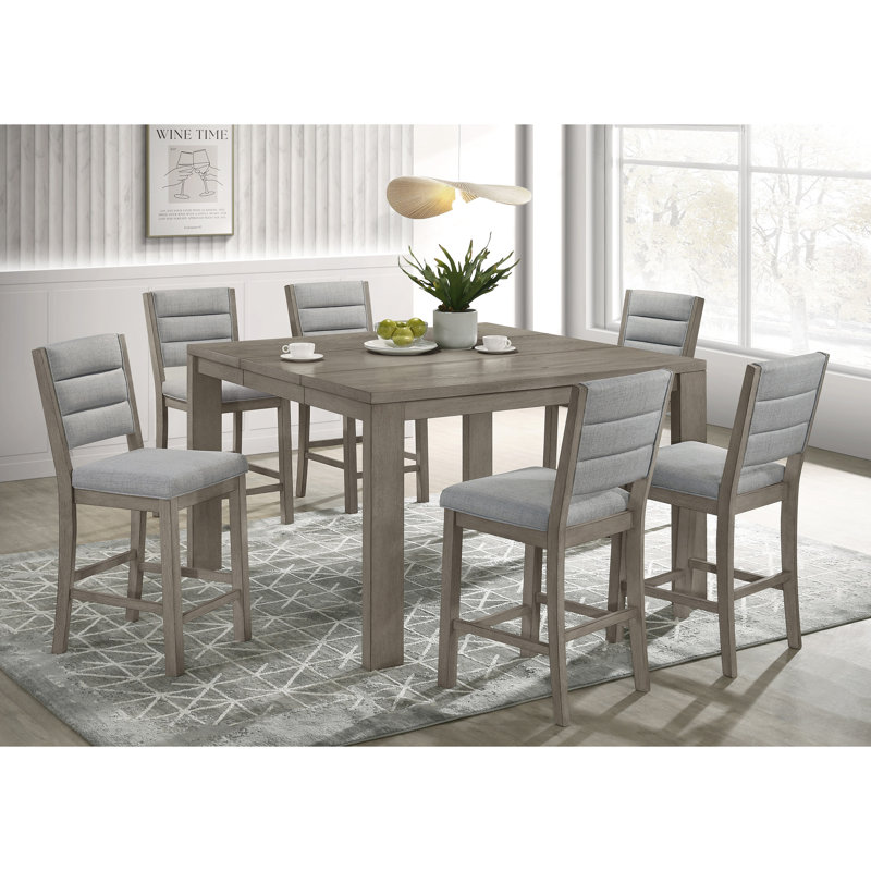 Table de salle à manger carrée rustique brun-gris, rallonge de 18 po, capacité de 8 personnes, gris bois, style contemporain