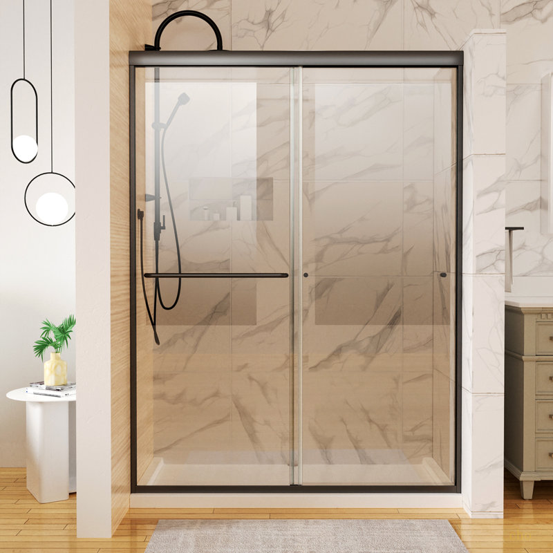 50 po -54 po X 72 po Porte de douche coulissante traditionnelle en noir mat avec verre transparent