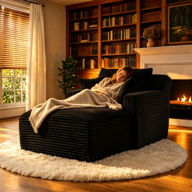  Enn 39.60-Inch Black Corduroy Compression Lounge Chair, Sleeper Chair, Free Assembly , Black